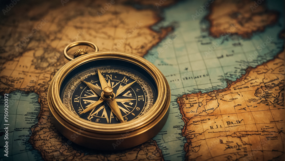 Antique vintage compass, world map retro