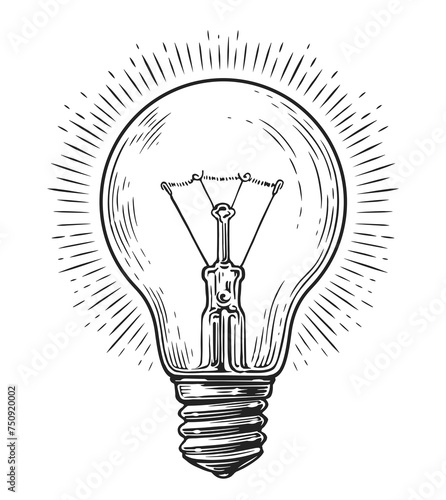 Light bulb and light rays. Lightbulb sketch illustration. Lamp idea business concept
