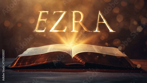 Book of Ezra. Open bible revealing the name of the book of the bible in a epic cinematic presentation. Ideal for slideshows, bible study, banners, landing pages, religious cults and more