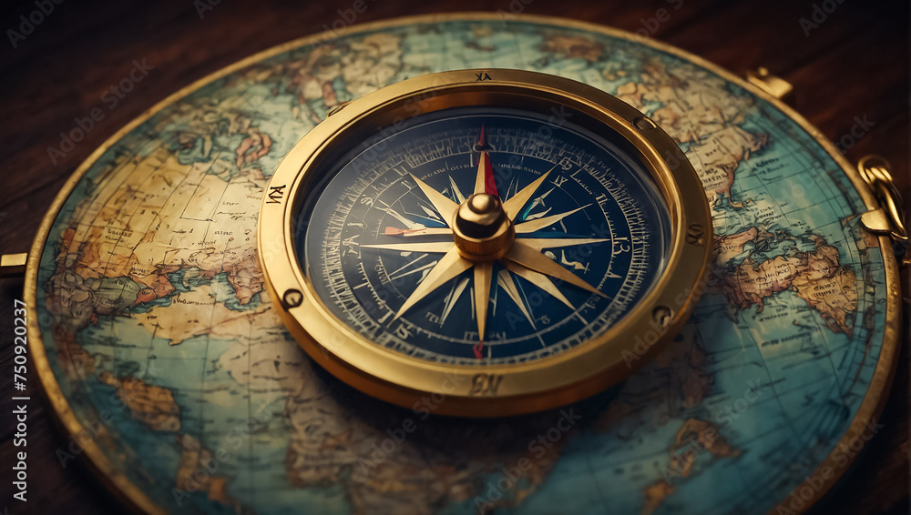 Antique vintage compass, world map design