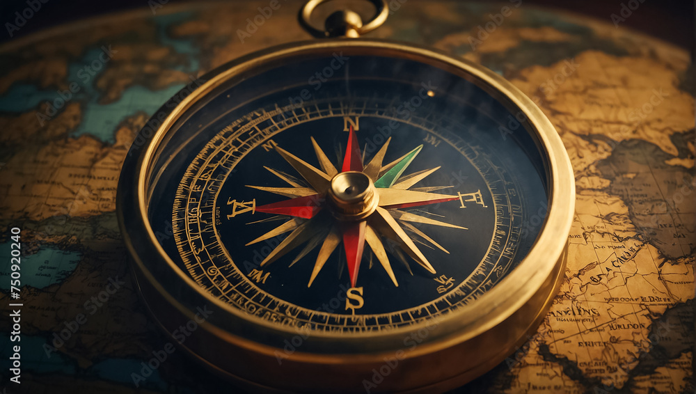 Antique vintage compass, world map instrument