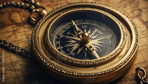 Antique vintage compass, world map navigation
