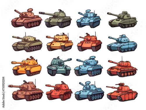 Tank vehicle set. Military equipment, different models, mechanized transport for war, and combat operations, caterpillar vector equipment, in cartoon style isolated on white background