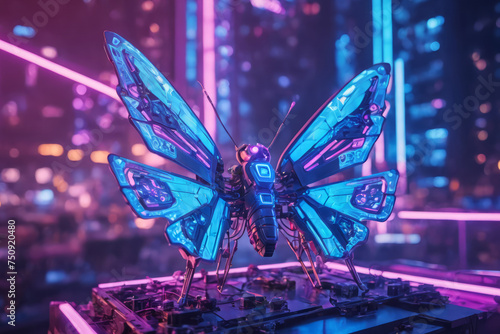 Big cyberpunk cybernetic moth with pink and blue colours standing in front of surreal futuristic cyberpunk city, surrounded by glowing magenta and cyan neon lights with amazing bokeh