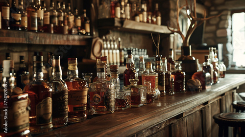 Vintage bottles of whiskey and bourbon adorn a rustic wooden bar, exuding old-world charm.