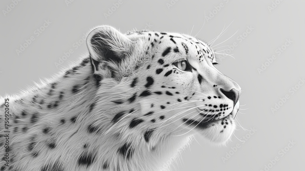 Close-up of snow leopard. Wild animal in monochrome style. Illustration for cover, card, postcard, interior design, banner, poster, brochure or presentation. Close-up of snow leopard. Wild animal in monochrome style. Illustration for cover, card, postcard, interior design, banner, poster, brochure or presentation.
