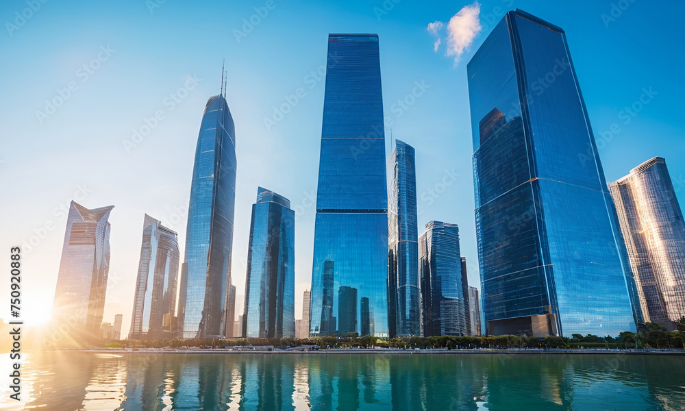 Obraz premium Ai Generate, modern skyscrapers in a futuristic financial district with reflections, set against a blue background for a corporate and business template, with warm sun rays of light.