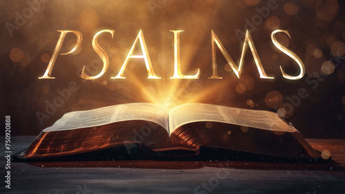 Book of Psalms. Open bible revealing the name of the book of the bible in a epic cinematic presentation. Ideal for slideshows, bible study, banners, landing pages, religious cults and more photo