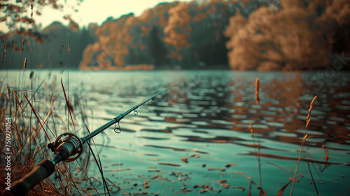 Fishing rod on the lake. Selective focus.