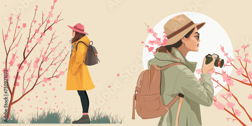 Tourist girl with backpack and camera, admiring the spring flowering of sakura tree, vector detailed posters, illustrations in flat expressive style