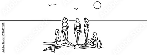 continuous single drawn one line of a girl sunbathing on a beach drawn by hand silhouette picture. Line art. character girl resting