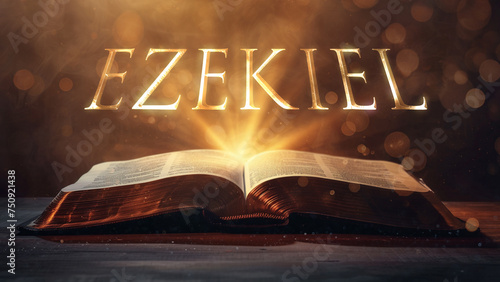 Book of Ezekiel. Open bible revealing the name of the book of the bible in a epic cinematic presentation. Ideal for slideshows, bible study, banners, landing pages, religious cults and more photo