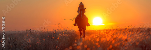 oman Riding Horse in Countryside During Sunset, Rider on horseback in a steppe during colorful sunset kazakhstan  © Zafar