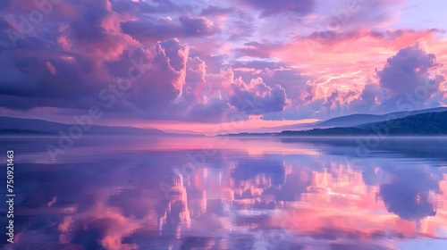 Soft clouds in shades of pink and lavender are mirrored in the still waters of the lake creating a picturesque sunset scene. © Ziyan