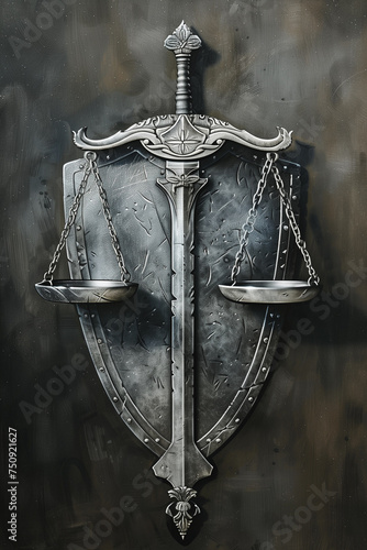 a painting of justice scales and a sword shield, in the style of realistic watercolors