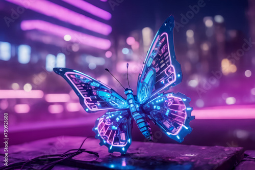 Surreal artificial cyborg cyberpunk glowing monarch butterfly with blue and pink neon lights flying against a blurred futuristic city background, nature and science fused in robotic insect © Eduardo Accorinti
