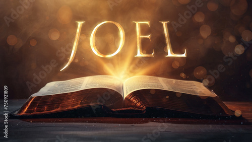 Book of Joel. Open bible revealing the name of the book of the bible in a epic cinematic presentation. Ideal for slideshows, bible study, banners, landing pages, religious cults and more