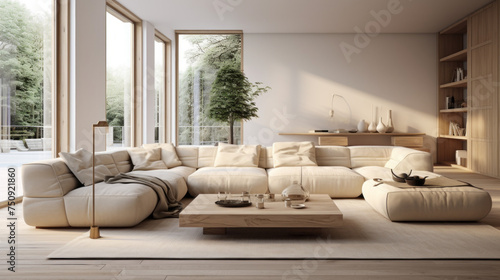 A modern living room with customizable furniture  featuring a beige sofa and a patterned ottoman