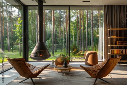 Cozy modern living room with a fireplace and a view of the forest