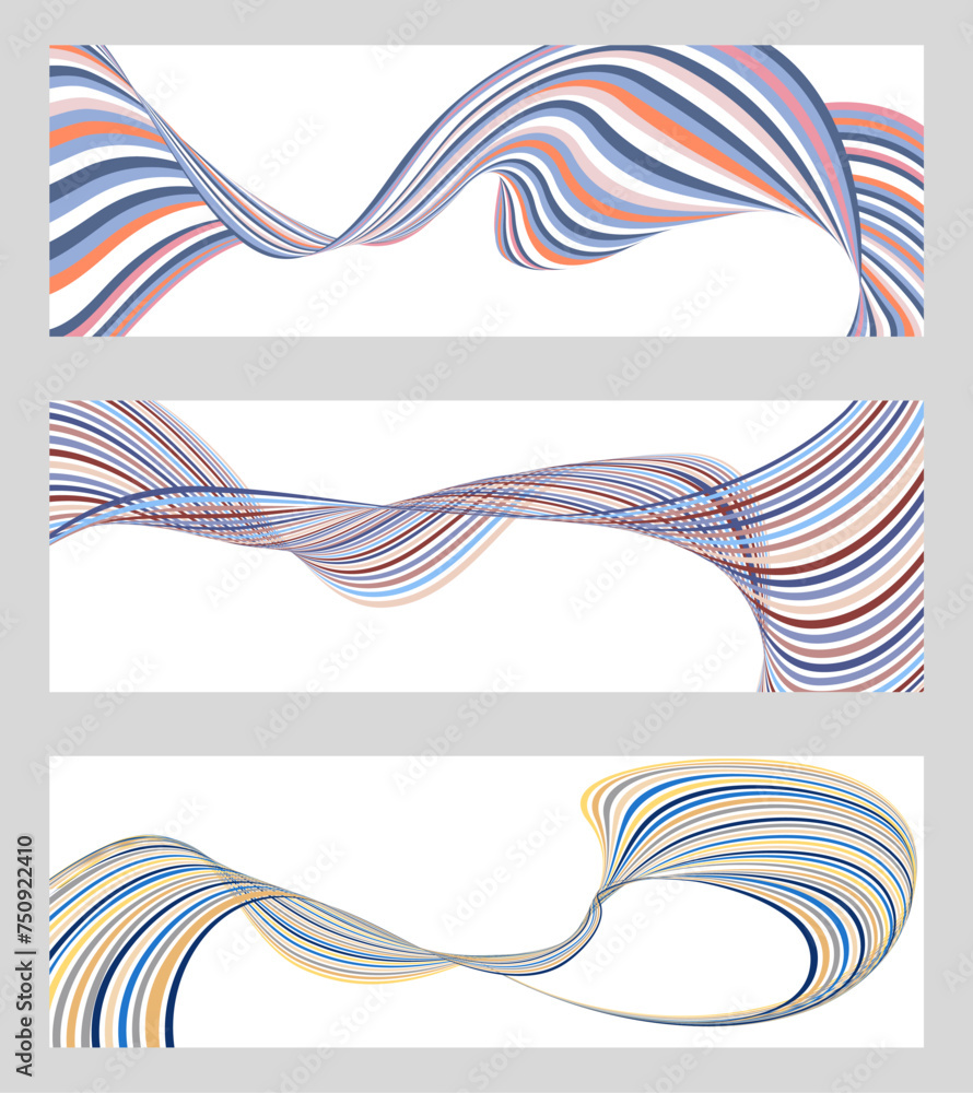 Obraz premium Wavy lines or ribbons. Set of 3 backgrounds. Multicolored striped gradient. Creative unusual background with abstract gradient wave lines to create a trendy banner, poster. vector eps