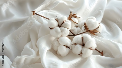 Elegant Cotton Bolls on White Fabric. Soft cotton bolls resting on delicate white cotton fabric  symbolizing natural fibers and purity.