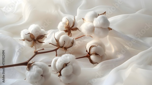 Elegant Cotton Bolls on White Fabric. Soft cotton bolls resting on delicate white cotton fabric, symbolizing natural fibers and purity. photo