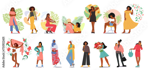 Black Girls and Women Set. Young, Teen and Adult African American Female Characters in Various Poses and Clothes