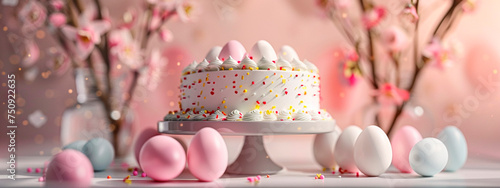 Easter cake and eggs on the table. Selective focus.