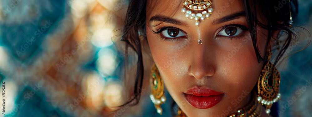 Portrait of a beautiful Indian woman wearing jewelry. Selective focus. Portrait of a beautiful Indian woman wearing jewelry. Selective focus.
