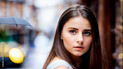 Young brown-haired girl with surprised look paying attention in the street.