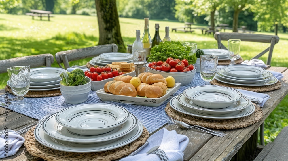 a table set with plates, bowls, and bowls of fruit and vegetables on a picnic table in a park.
