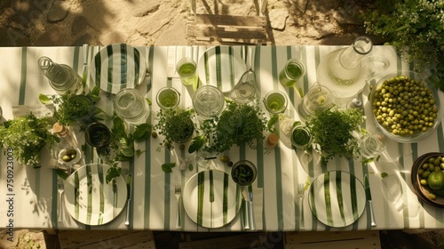 a table is set with plates, bowls, and bowls of olives and broccoli on a striped table cloth. photo