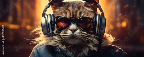 A stylish portrait of a cute cat DJ with a textured background. Concept Stylish Portrait, Cat DJ, Textured Background
