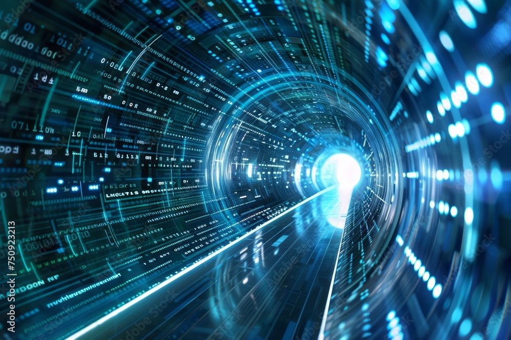 Cybernetic tunnel with digital data streaming towards a vanishing point with blue light. Cybernetic tunnel with digital data streaming towards a vanishing point with blue light.
