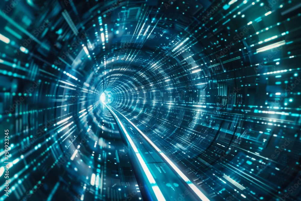 Cybernetic tunnel with digital data streaming towards a vanishing point with blue light. Cybernetic tunnel with digital data streaming towards a vanishing point with blue light.