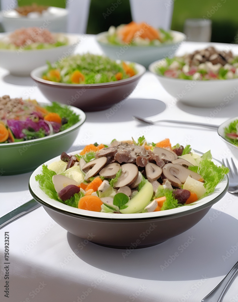 Table service, several kinds of salads Table service, several kinds of salads