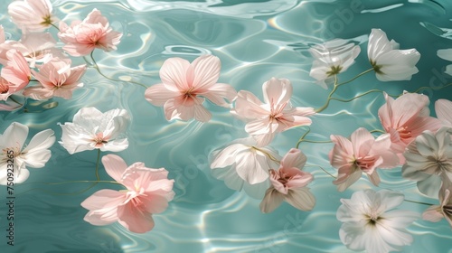 a group of pink and white flowers floating on top of a body of water with ripples of water behind them. photo