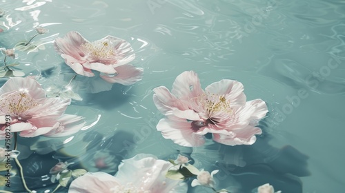 a group of pink flowers floating on top of a body of water next to a forest of leaf covered trees.