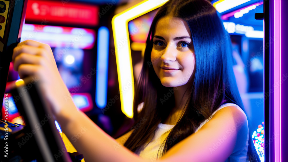 Young girl playing on the machines in an arcade game room. Young girl playing on the machines in an arcade game room.