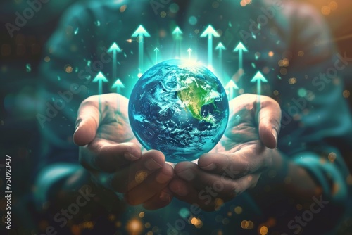 Hands holding a glowing Earth with upward arrows surrounding it.
