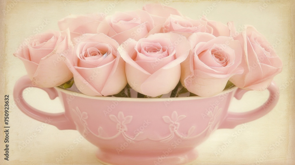 a pink cup filled with pink roses sitting on top of a white table next to a white and beige wall. a pink cup filled with pink roses sitting on top of a white table next to a white and beige wall.