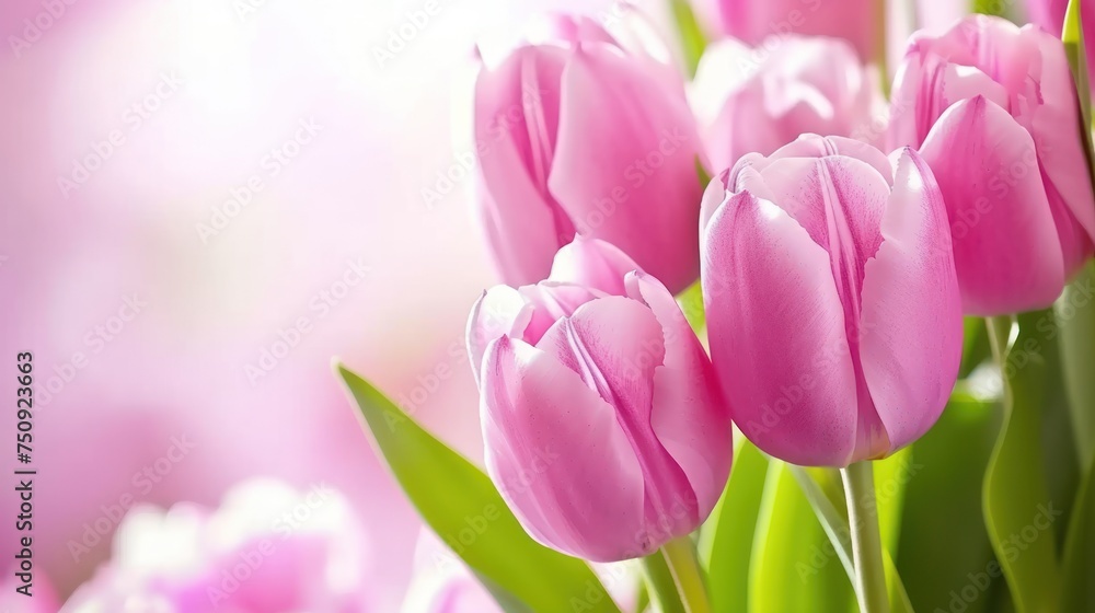 Obraz premium a bunch of pink tulips with green leaves in the foreground and a pink and white blurry background.