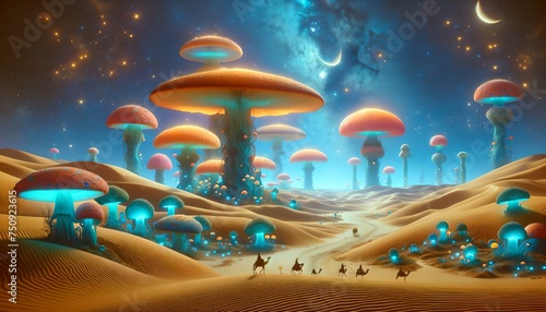 Surreal desert landscape with glowing mushrooms and travelers on camels under a starry sky