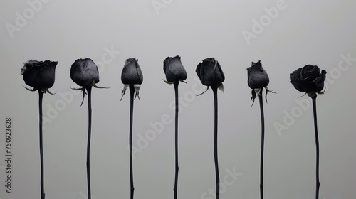 a row of black roses sitting in the middle of a row on top of a white wall in front of a gray background. photo