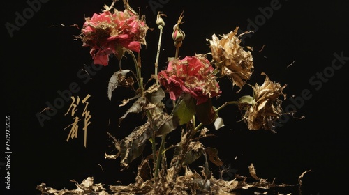 a bunch of dead flowers sitting on top of a pile of dead leaves on a black background in the dark.