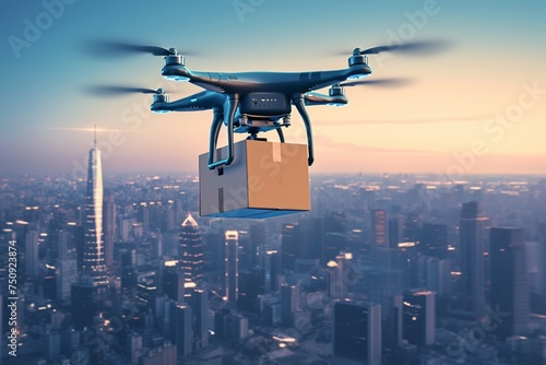 Swift shipping Drone delivering a package efficiently in the city photo