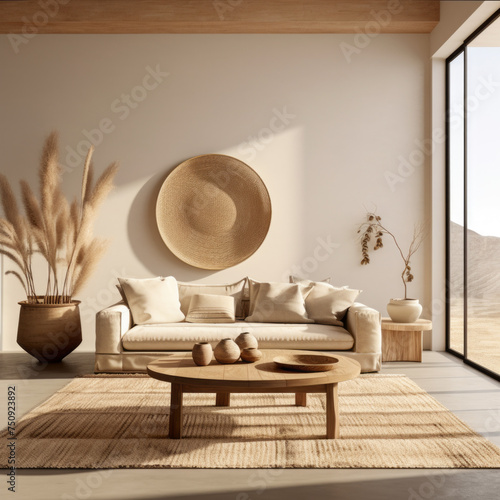 A modern living room with a natural wood center table, a jute rug, and a rattan loveseat