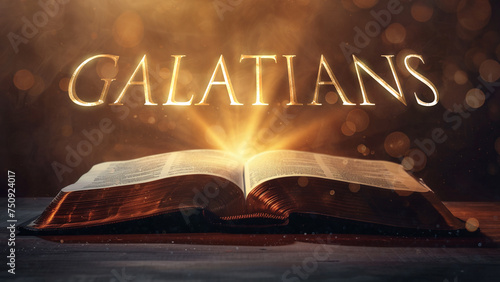 Book of Galatians.  Open bible revealing the name of the book of the bible in a epic cinematic presentation. Ideal for slideshows, bible study, banners, landing pages, religious cults and more. photo