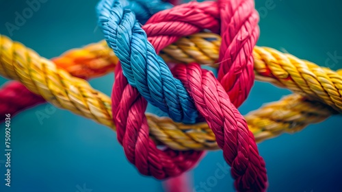 Team rope diverse strength connect partnership together teamwork unity communicate support. Strong diverse network rope team concept integrate braid color background cooperation empower power.Team rop