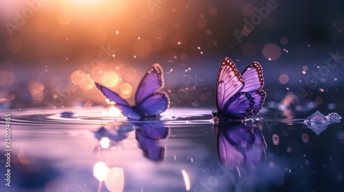 a couple of purple butterflies floating on top of a body of water on top of a body of water next to each other. © Anna